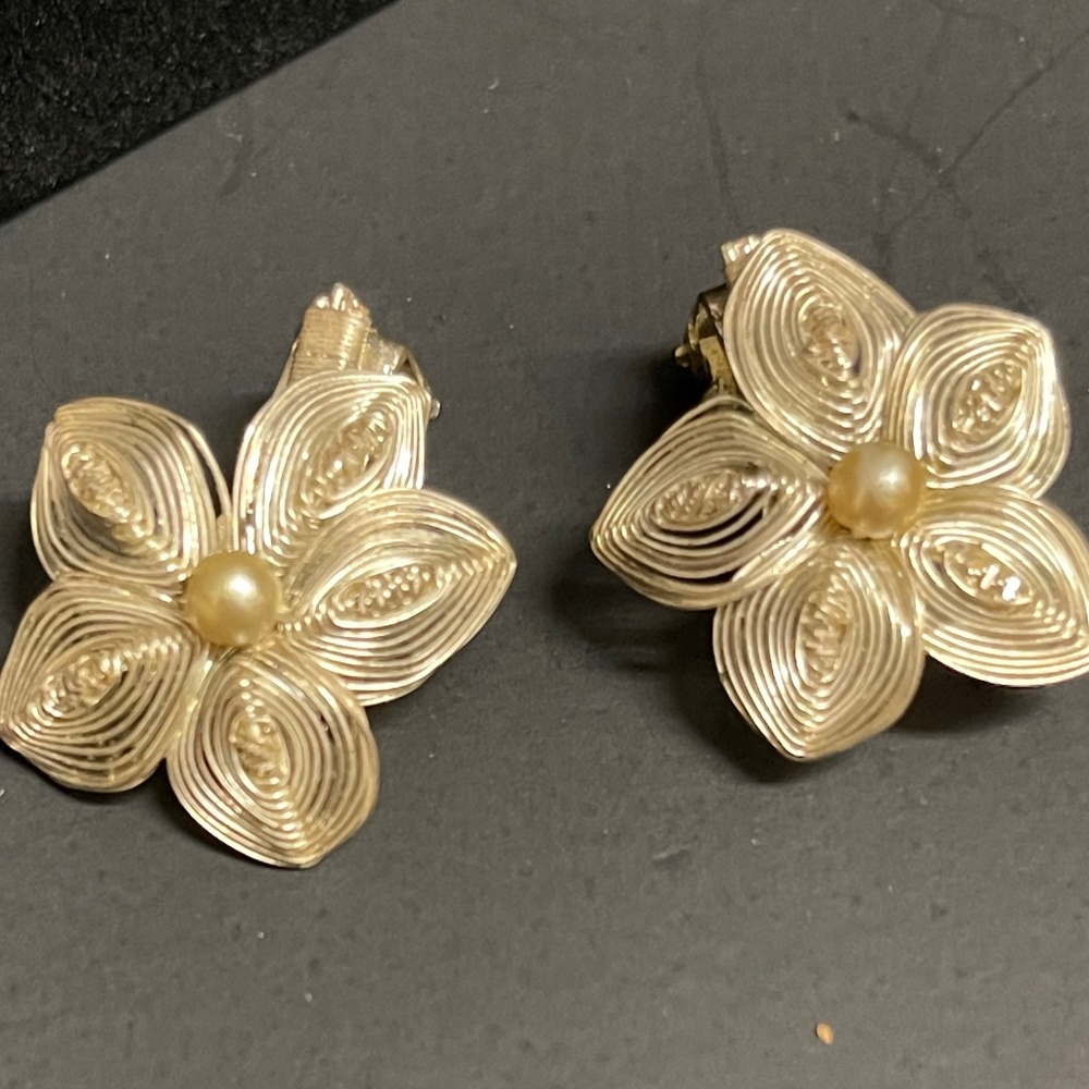 Vintage German Earrings Flower and Bead Clip Back Signed Germany